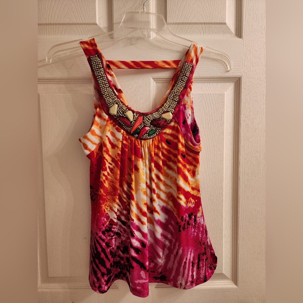 Beaded Vibrant Top Multi-Color Orange, Yellow, Pink